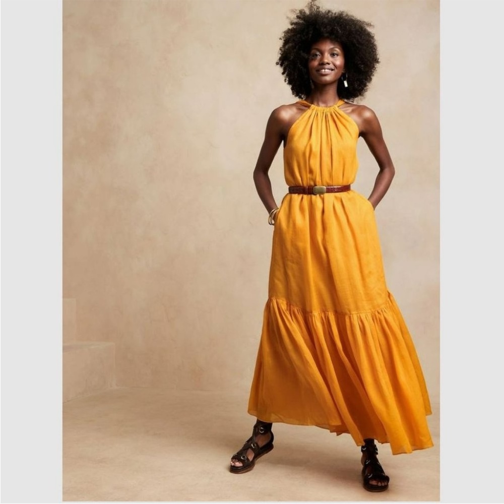 Banana Republic Fino Ramie Maxi Dress in Mad About Mango Yellow, Size XS NWT